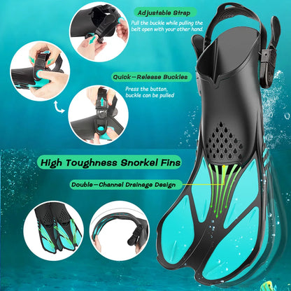 Aletas de snorkel con hebillas ajustables, aletas de natación cortas de silicona, zapatos de buceo con tacón abierto, talla de viaje, para adultos, hombres y mujeres