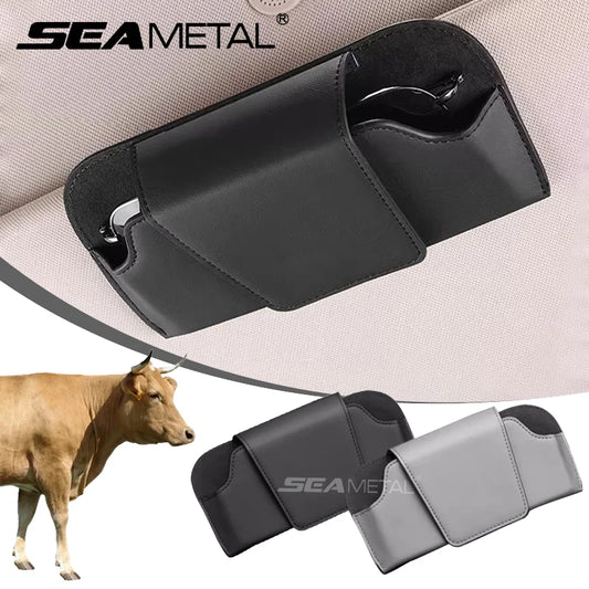 SEAMETAL Cowhide Sun Visor Glasses Holder Premium Leather Wear-Resistant Sunglasses Protective Box Auto Eyeglasses Storage Case