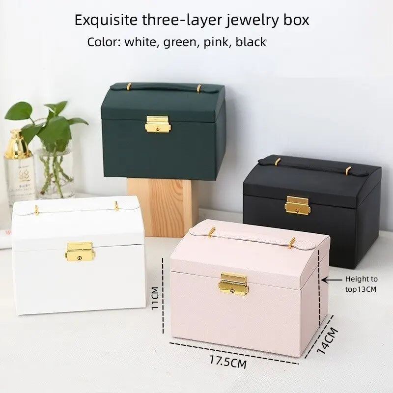 1 Uds. Caja de joyería multifuncional de tres capas de cuero estilo cajón, pendientes, cerradura, caja de joyería