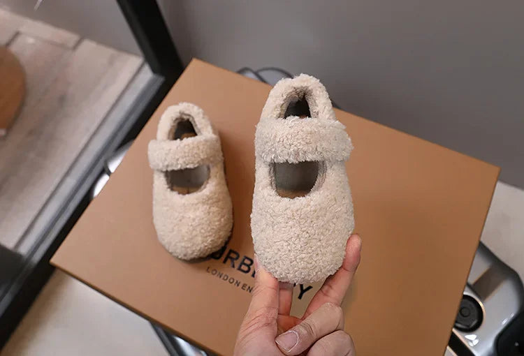 Children Fur Shoes 2025 Winter Kids Warm Plush Shoes For Girl Flat Loafers Moccasins Girls Casual Shoes Khaki, Beige