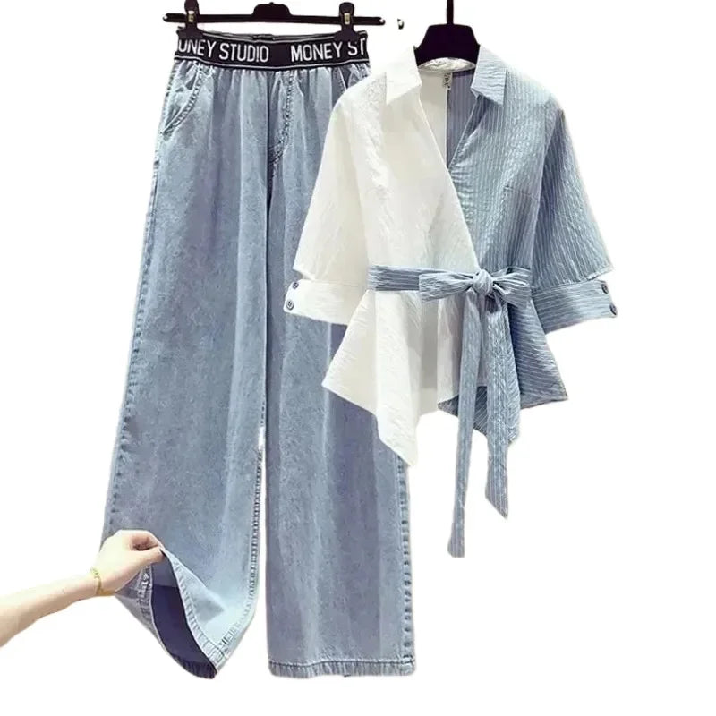 2026 Spring Summer New Korean Elegant Splicing Short Sleeved Shirt+Jeans Two Piece Suit Women Chic Top Denim Pants Matching Set