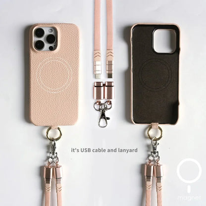 Funda de piel auténtica personalizable con cordón de carga para iPhone 16 Pro Max, 15, 14, 13, 12 y 11, con funda magnética.