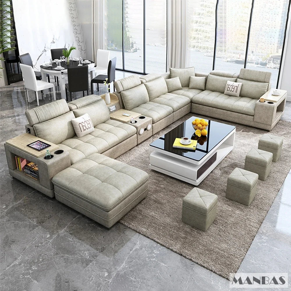 Conjunto de sofás nórdicos de tela MINGDIBAO con altavoz Bluetooth y USB - Sofás modulares modernos para sala de estar, sofá esquinero grande de tela en forma de U