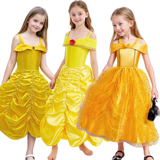 Children Princess Costume Kids Halloween Carnival Beauty Beast Birthday Party Clothes Girl Yellow Belle Cosplay Dress Up