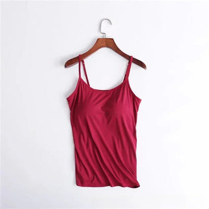 Camisola sexy con sujetador acolchado sólido y tirantes finos para mujer, camiseta sin mangas con sujetador incorporado, 2024