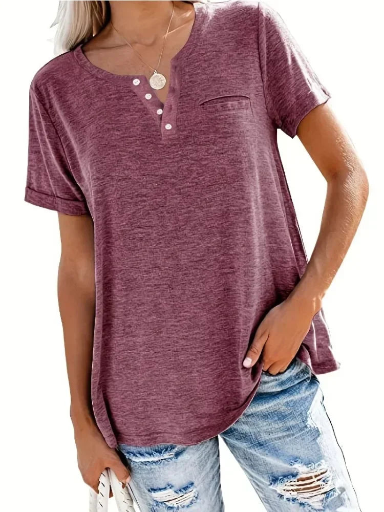 Plus size 1xl-8xl feminino solto topos senhoras casual com decote em v manga curta bolso camiseta primavera e verão novo estilo