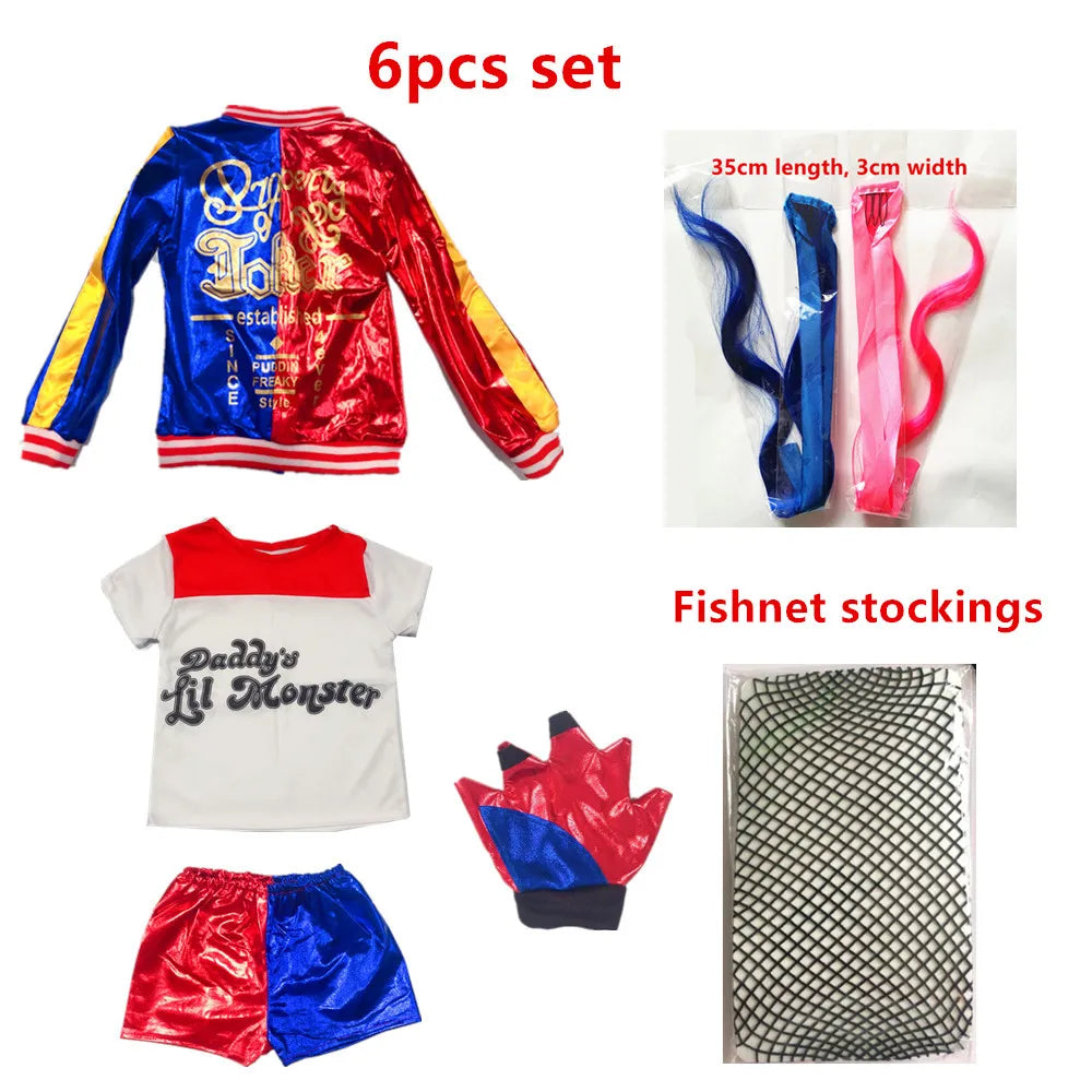 Harley Quinn Cosplay Suicide Squad Harleen Quinzel Kids Girls T-Shirt Joker Jacket Halloween Costume