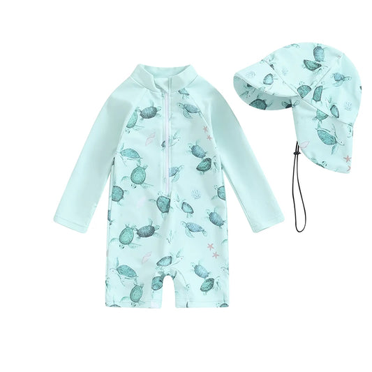 Traje de baño Tregren para niños pequeños, de manga larga, con estampado de tortuga y dinosaurio, con gorro de baño y ropa de playa.