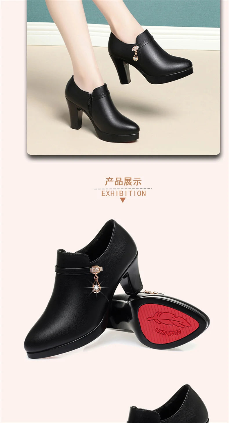 Comfortable Fashion Deep Mouth Soft Leather Women's Platform Shoes 2024 Fall Med Block Heels Single Shoes for Office Mom