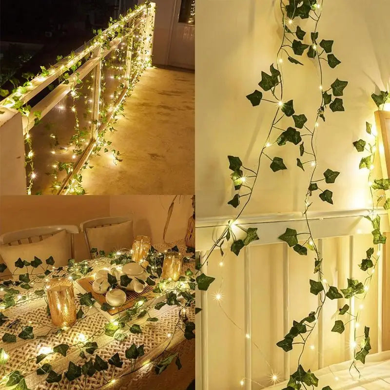 Varal de Luzes com Folhas Verdes (2m) – Cordão de LED com Hera Artificial para Decoração de Casamentos, Festas e Ambientes (Parede/Guirlanda)