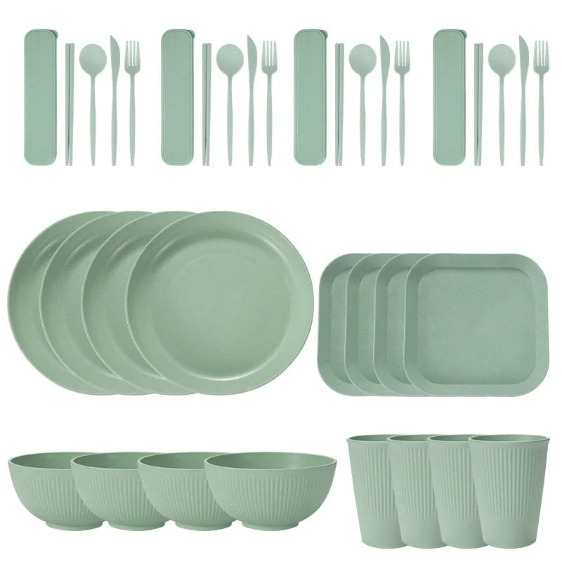 36pcs Plate Sets Wheat Straw Eco-Friendly Ramen Bowl Tableware Dinner Dishes Set Camping Tableware Set With Knife Fork Spoon
