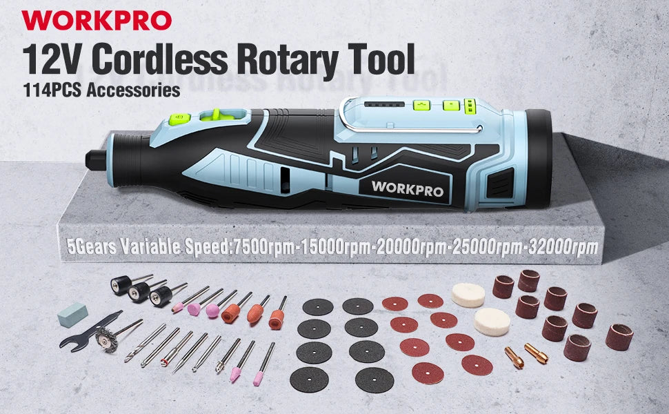 WORKPRO 12V Cordless Rotary Tool With Charger 5-speed 2.0Ah Mini Electric Grinder Machine Polishing Tools  & 114 Accessories