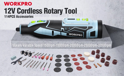 WORKPRO 12V Cordless Rotary Tool With Charger 5-speed 2.0Ah Mini Electric Grinder Machine Polishing Tools  & 114 Accessories