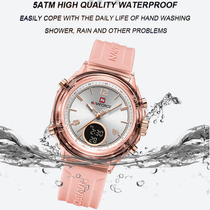 Relojes NAVIFORCE para mujer, nuevo diseño, esfera pequeña, deportivos, para mujer, resistente al agua hasta 5 ATM, reloj de pulsera de cuarzo con pantalla LCD digital, reloj para mujer