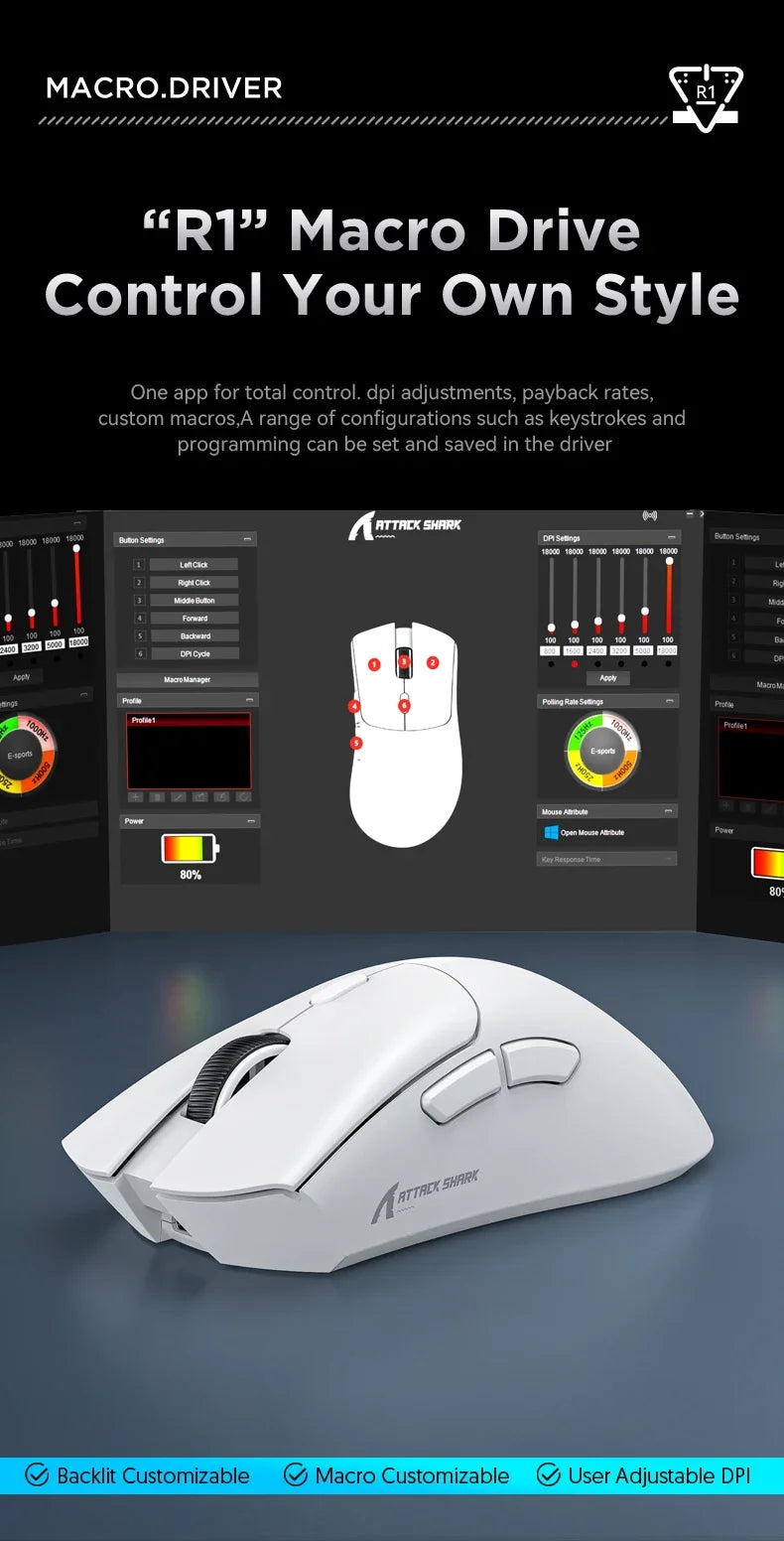 Ratón inalámbrico para juegos Attack Shark R1, PAW3311 1KHZ 18000dpi, ratón Bluetooth, ratón para juegos macro, alfombrilla para ratón/PC