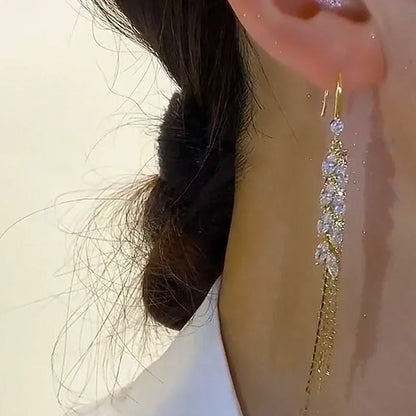 Blue Heart Shaped Zircon Long Tassel Gold Color Ear Wire for Women Elegant Exquisite Temperament Ladies Wedding Party Jewelry