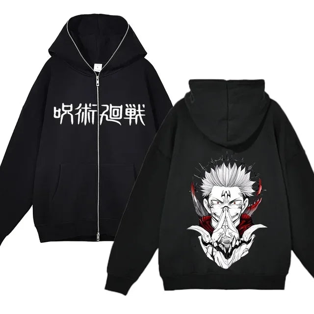 Chaquetas con cremallera de Anime Gojo Satoru, sudadera con capucha de forro polar fino, sudaderas con cremallera Y2K, Jujutsu Kaisen 
