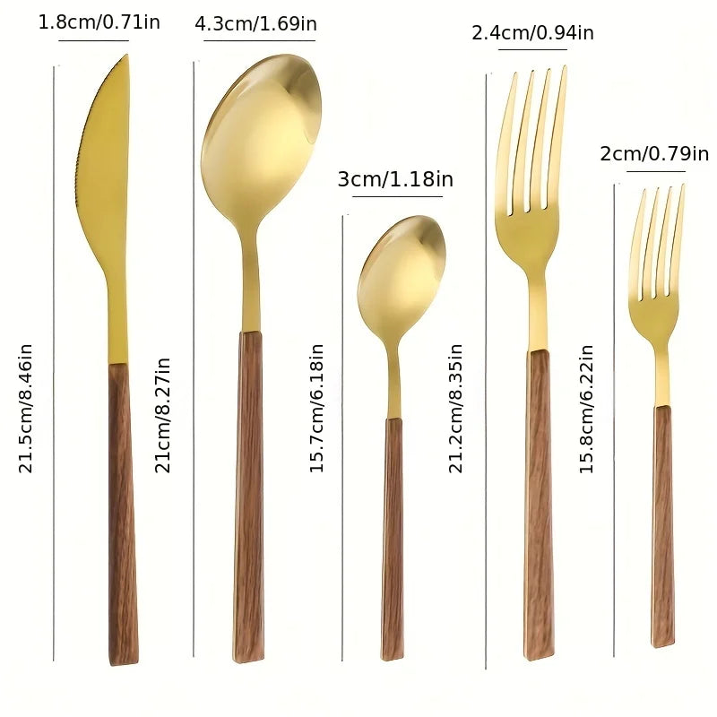 Juego de cubiertos con mango de madera de imitación de acero inoxidable, abrazadera para vajilla occidental, cuchillo, tenedor, cuchara de té, 30 Uds.