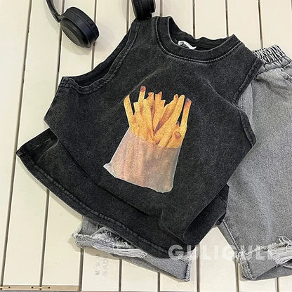 Camiseta ropa de verano ropa para niños Retro negro algodón chicos guapos sin mangas chaleco fácil marea Tops 2024 moda fresca