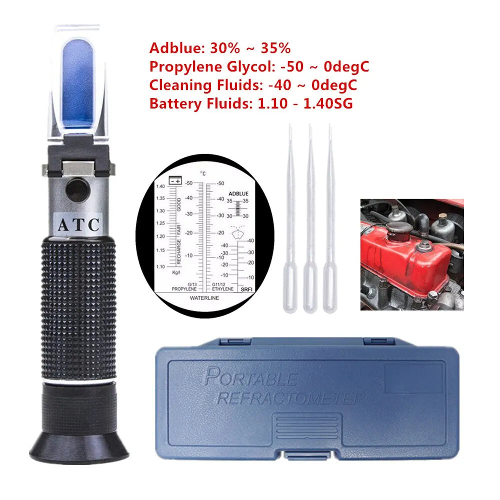 Refractómetro ATC, punto de congelación de anticongelante, comprobador de refrigerante, concentración de AdBlue, etilenglicol, refractómetro para baterías de coche