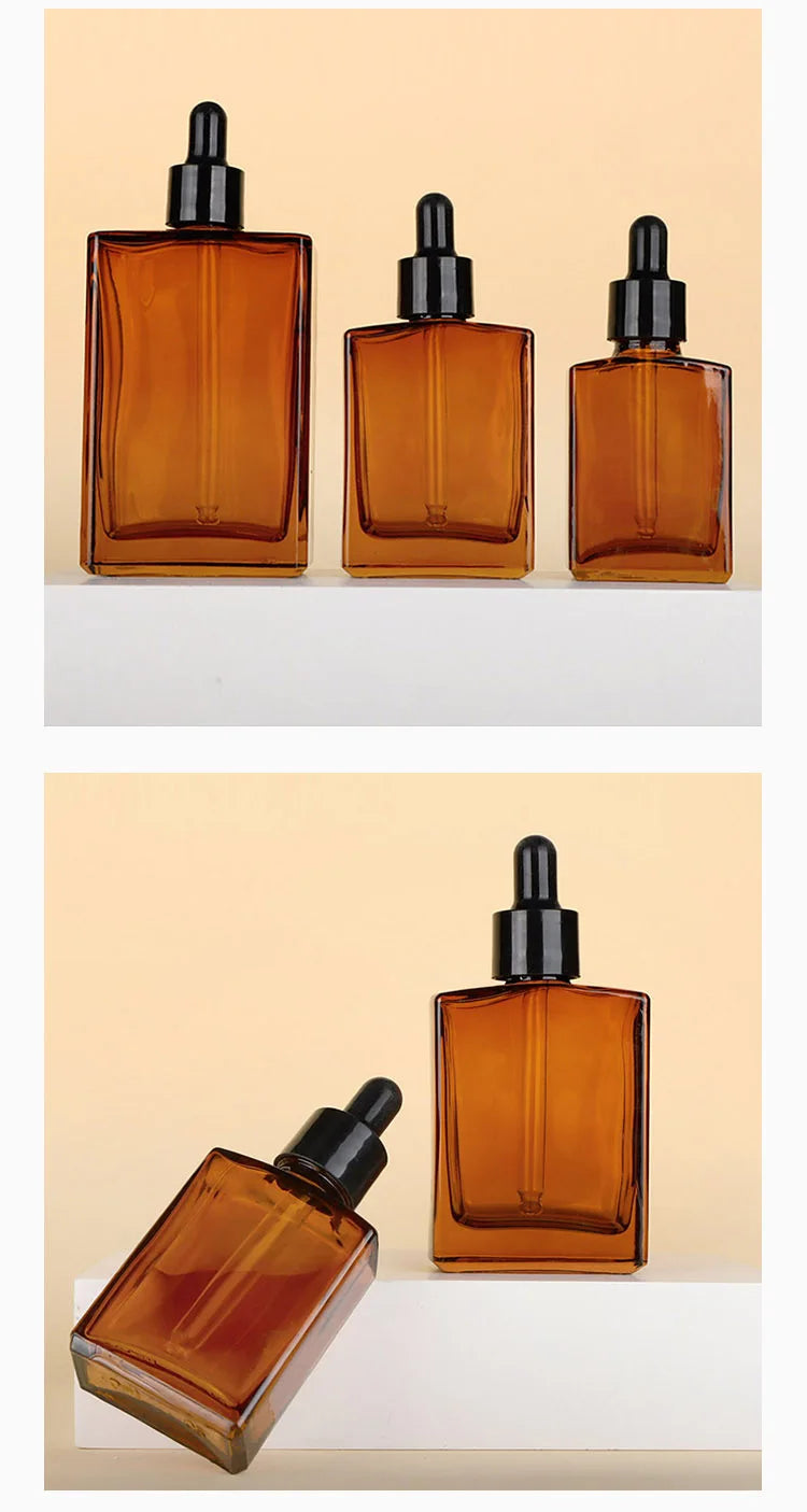 100ml ‌Amber Flat-Shoulder Rectangular Essential Oil Dropper Bottle – 100ml Refillable Glass Container Cosmetic Containers
