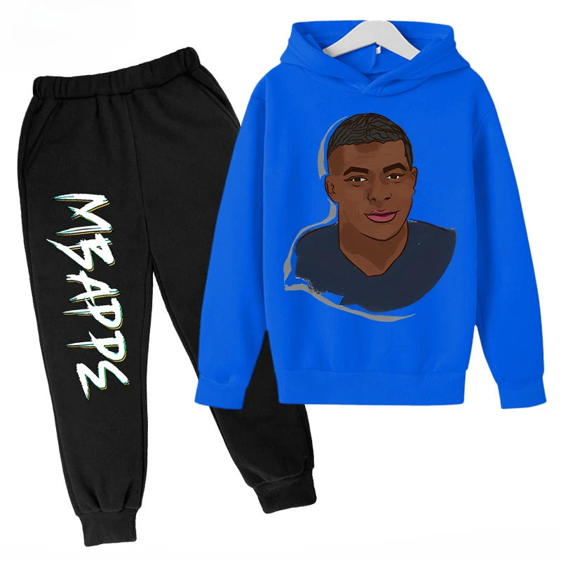 Conjunto de sudadera con capucha para niños, conjunto de sudadera y pantalones con estampado de Mbappe, ropa deportiva de 2 piezas para niños y niñas, primavera y otoño