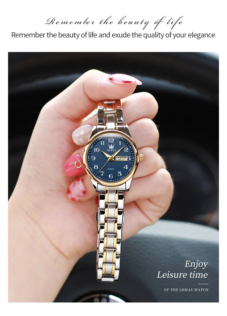 Relogio feminino de luxo bicolor aço inoxidavel e calendario duplo