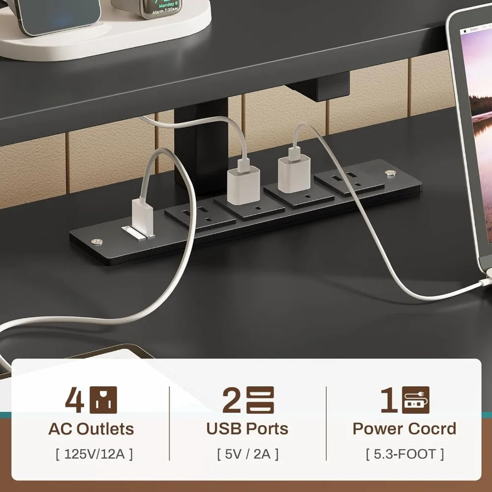 Escritorio de computadora con 5 cajones, toma de corriente y luces LED, escritorio de oficina en casa de 66'' con cajón para archivos, almacenamiento y estante para monitor