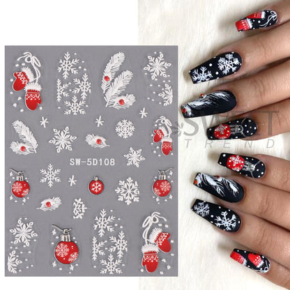 5D Red Christmas Nail Stickers Glitter Embossed Snowflake Gloves Feather Bulb Bells Winter Xmas DIY Engraved Manicure Decoration