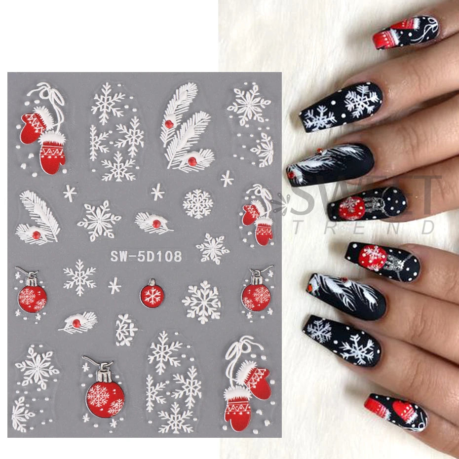 5D Red Christmas Nail Stickers Glitter Embossed Snowflake Gloves Feather Bulb Bells Winter Xmas DIY Engraved Manicure Decoration