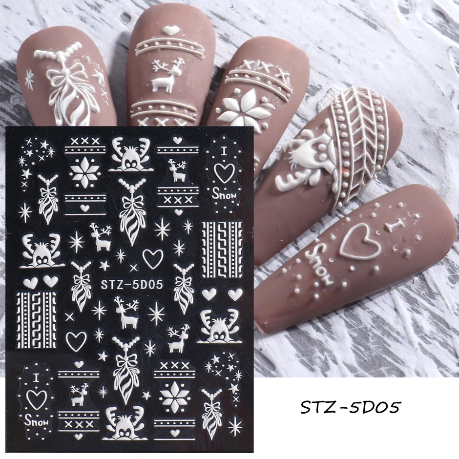 5D Red Christmas Nail Stickers Glitter Embossed Snowflake Gloves Feather Bulb Bells Winter Xmas DIY Engraved Manicure Decoration