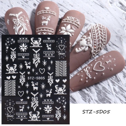 5D Red Christmas Nail Stickers Glitter Embossed Snowflake Gloves Feather Bulb Bells Winter Xmas DIY Engraved Manicure Decoration