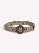 Ladies Round Dark Wooden Buckle Pp Straw Woven Elastic Belt Versatile Summer Fashion Bohemian Style Geometric Pattern