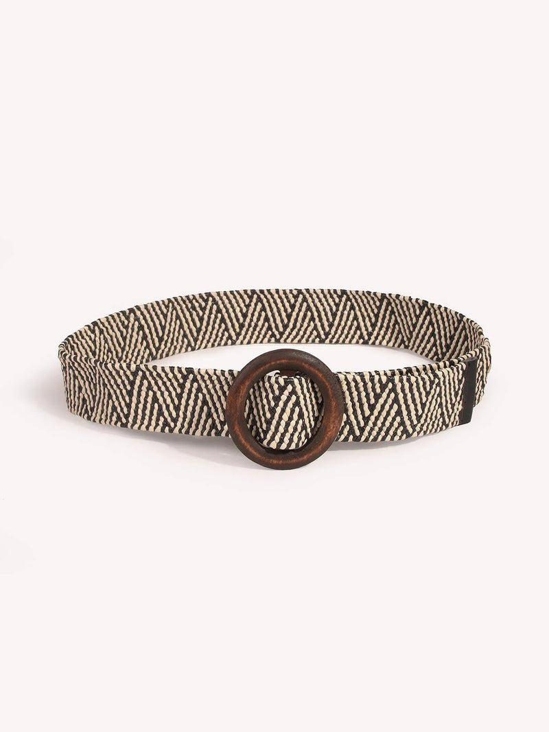Ladies Round Dark Wooden Buckle Pp Straw Woven Elastic Belt Versatile Summer Fashion Bohemian Style Geometric Pattern