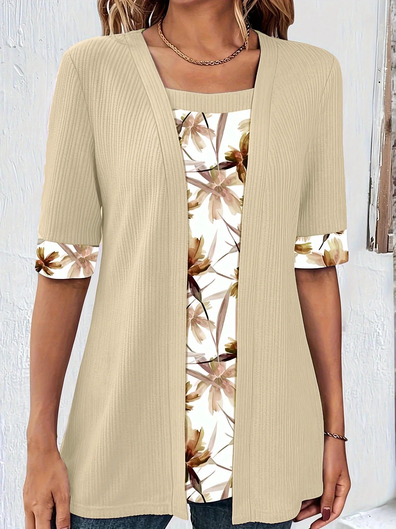 2024 plus size t camisas moda feminina elegante retalhos falso camisas de duas peças verão casual impressão meia manga senhoras soltas topos