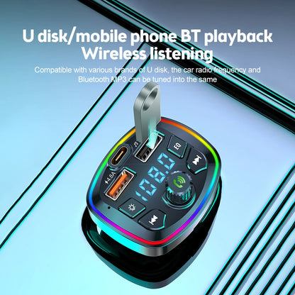 Carro Bluetooth 5.0 Transmissor FM PD 18W Tipo-C Dual USB 4.2A Carregador Rápido LED Retroiluminado Atmosfera Luz MP3 Player Q7 Modelo