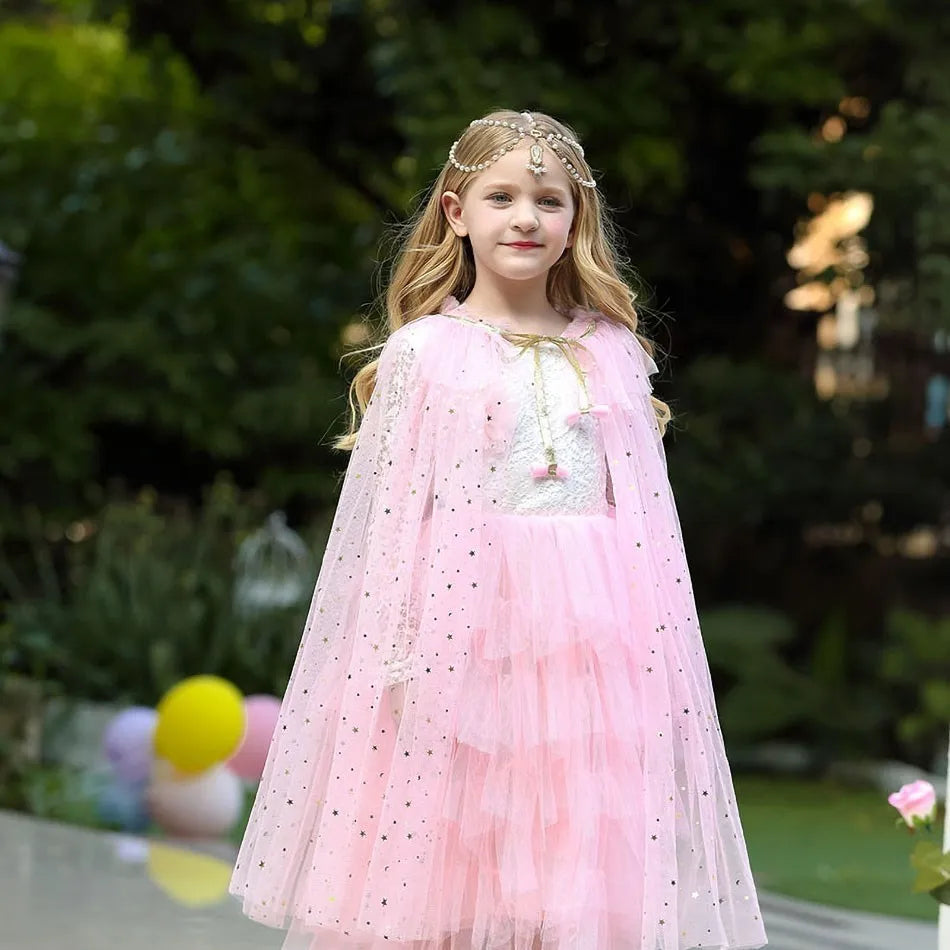 Summer Girl Princess Party Accessories Cloak Snow Queen Elsa Anna Costume Cape Rapunzel Aurora Sequins Tulle Halloween Mantle