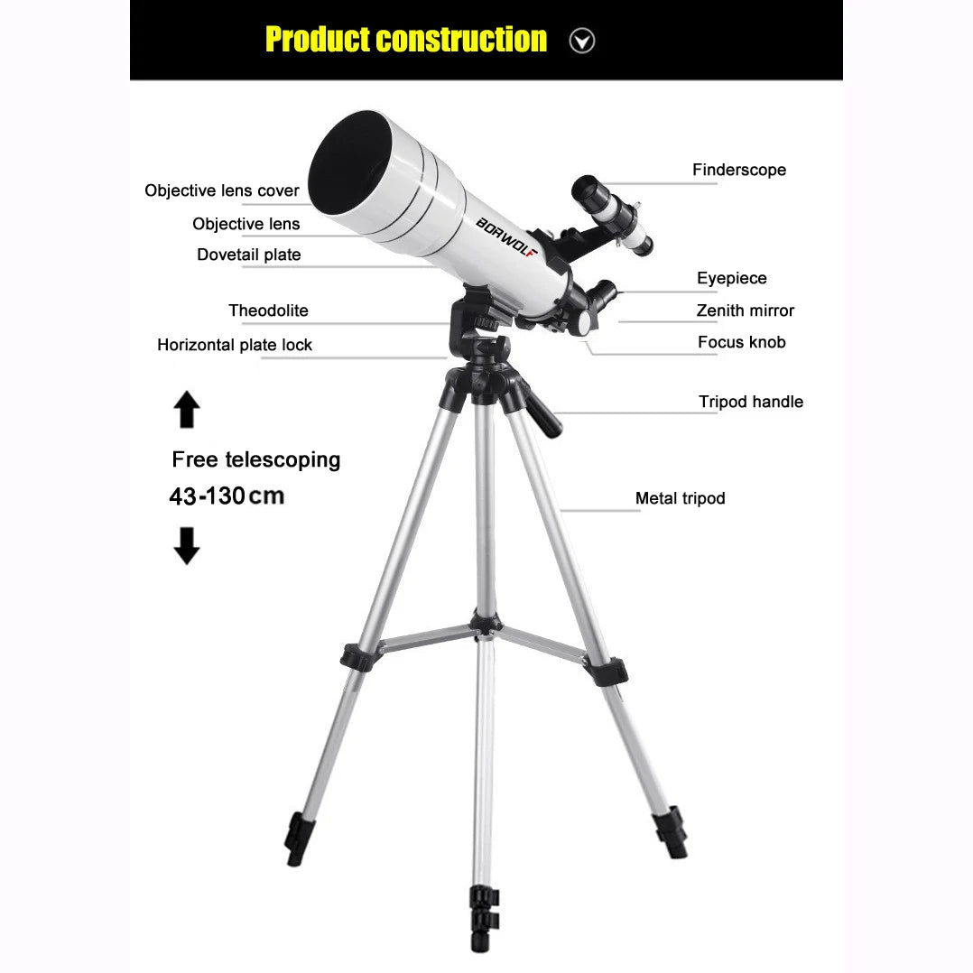 Telescopio astronómico profesional BORWOLF 40070 de alta definición 333X para ver la luna y las estrellas. Monocular para observación de aves.
