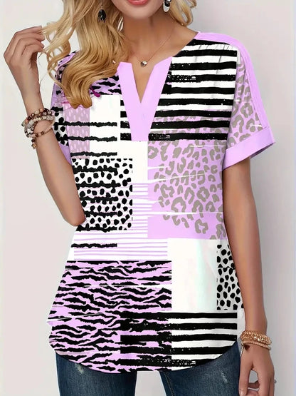 Camiseta estampada listrada plus size, camiseta casual de manga curta com gola entalhada, roupas femininas plus size