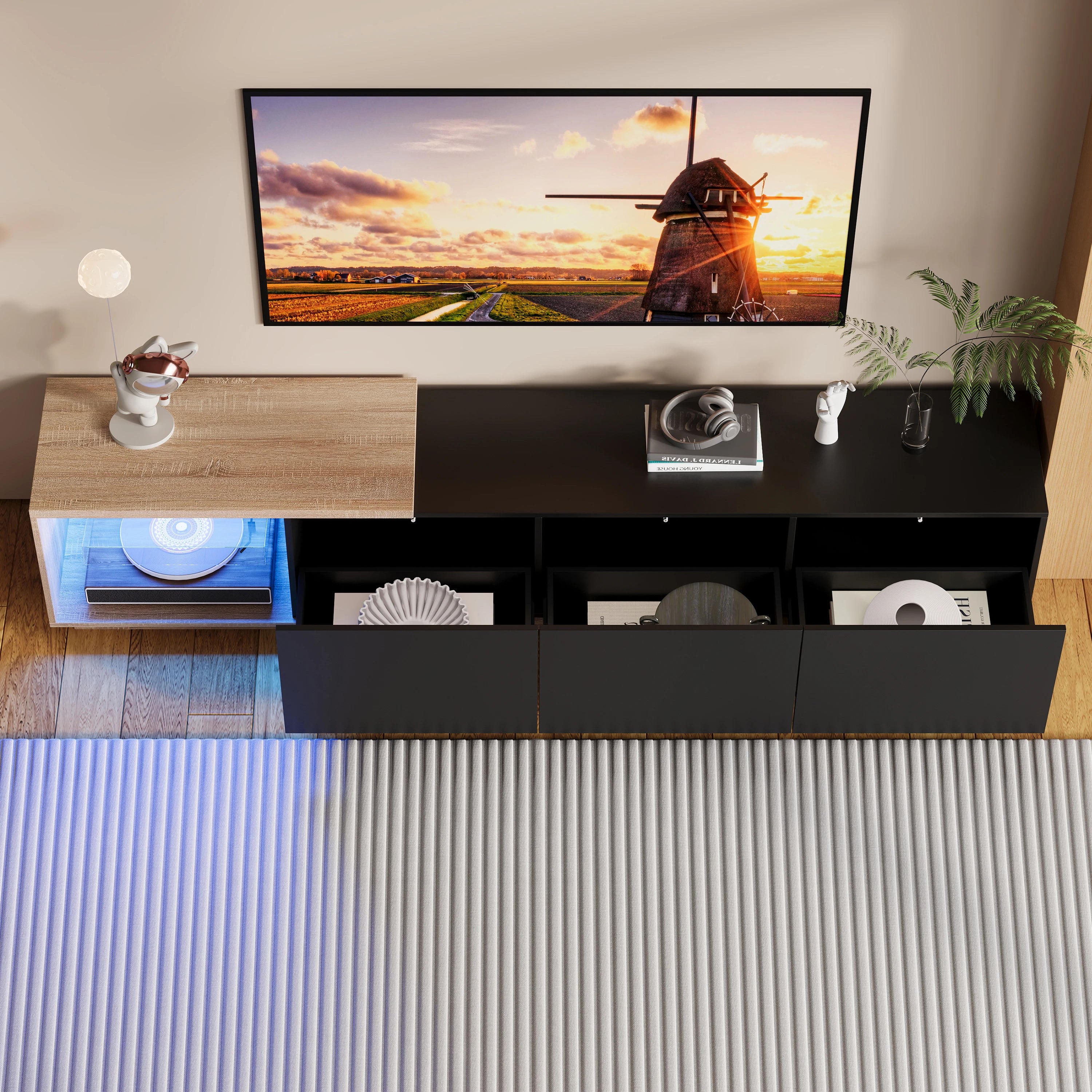 Comanlai 240cm Modern TV Cabinet with LED Lights  Living Room TV Cabinet with 3 Drawers and Open Storageextendable TV Stands