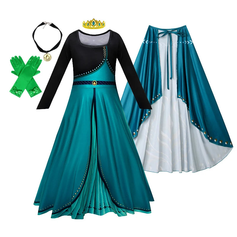 Girls Party Elegant Dresses Anna Princess Girl Cosplay Costume Dark Green Dress With Cloak Carnival Party Kids Birthday Clothes