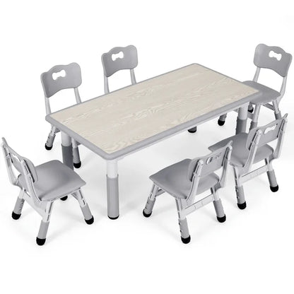 Mesa infantil retangular com conjunto de 6 cadeiras, conjunto de mesa multiactividade para crianças com altura ajustável, mesa de artes e ofícios para meninas, 2 a 10 anos