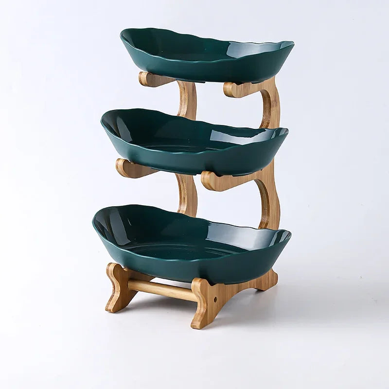 Three Layer Table Plates Dinnerware Wooden Kitchen Fruit Bowl with Floors Partitioned Dish Snack Candy Cake Stand Salad Bowl