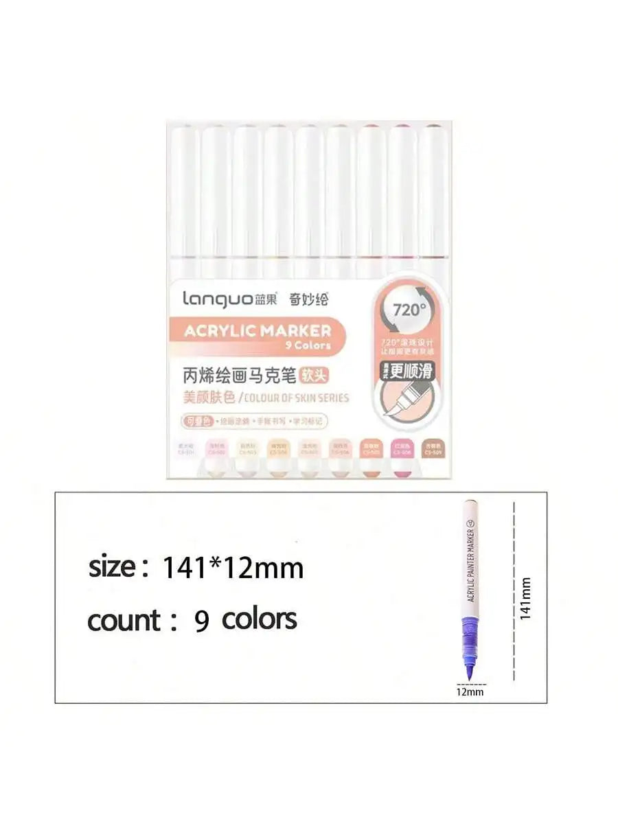 Languo 9pcs/box Soft Brush Acrylic Marker Pen Set, DIY Hand Drawn, Paint Art Markers pens, Student Graffiti Acrylic Paint Pens, M720