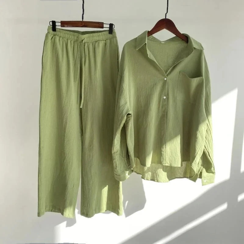Plus size 2024 amazon mais vendido feminino vintage plus size algodão camisa de linho terno cintura alta solto ajuste calças 2 peça conjunto