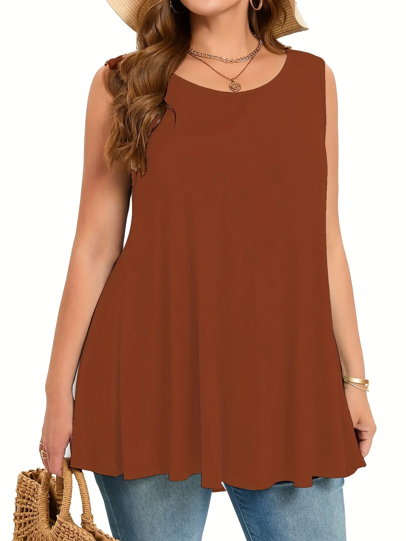 Plus size simples sólido regata casual tripulação pescoço sem mangas regata para o verão roupas femininas plus size