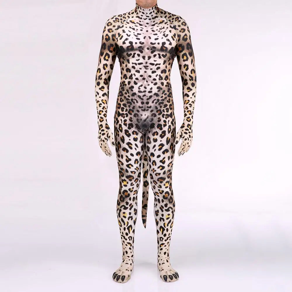 Zawaland Tiger Leopard Cheetah Petsuit for Men Animal Disguise Costume Crotch Zipper Zentai Halloween Carnival Full Bodysuits