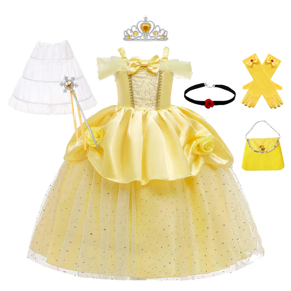 Girls Belle Cosplay Costumes Girls Dresses for Beauty Kids Party Clothing Magic Stick Crown Children Yellow Dress and The Beast