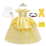 Girls Belle Cosplay Costumes Girls Dresses for Beauty Kids Party Clothing Magic Stick Crown Children Yellow Dress and The Beast