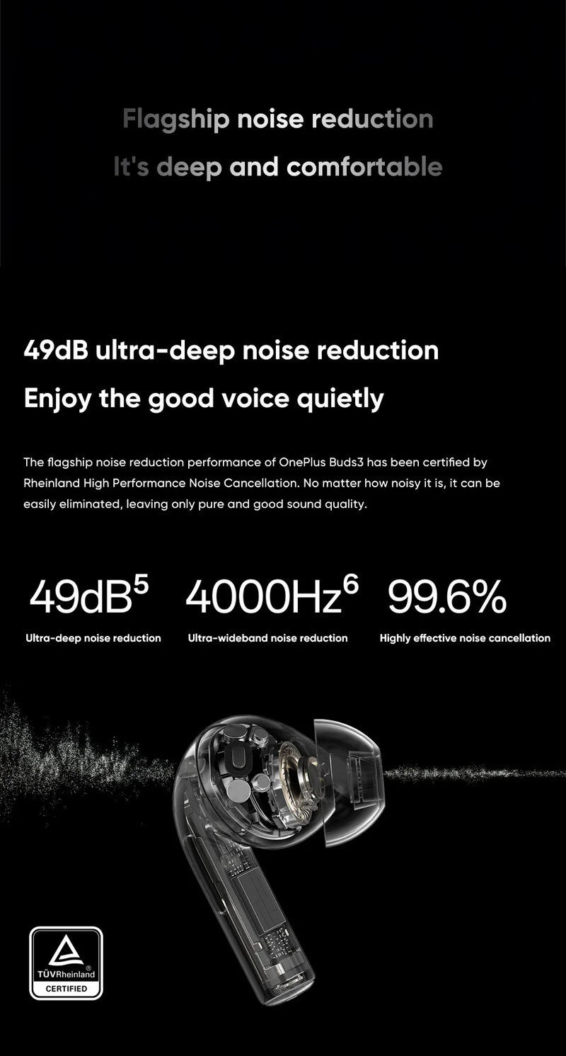 Oneplus Buds 3 wireless Bluetooth headset LHDC 5.0 49dB active noise reduction 44h battery life Oneplus 12 TWS low delay.